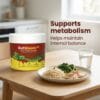 gutbloom placed beside a healthy meal and water, highlighting metabolism and balance support gutbloom placed beside a healthy meal and water, highlighting metabolism and balance support