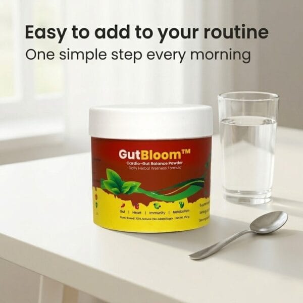 gutbloom with glass of water and spoon, promoted as a simple morning routine GutBloom (For Gut Health)