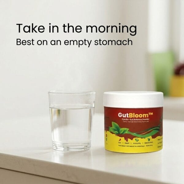 gutbloom with glass of water, recommended for morning use on an empty stomach GutBloom (For Gut Health)